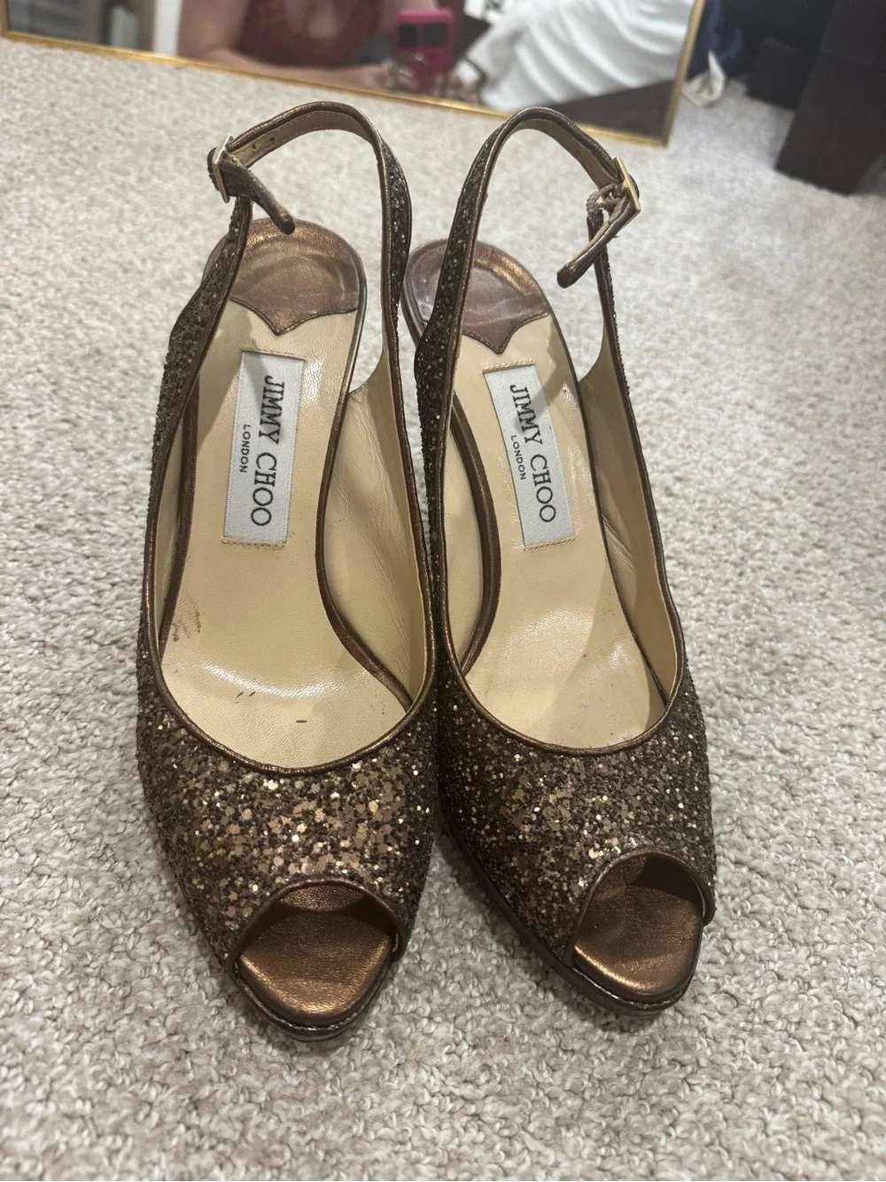 Jimmy Choo Bronze Glitter Peep-Toe Slingback Heels